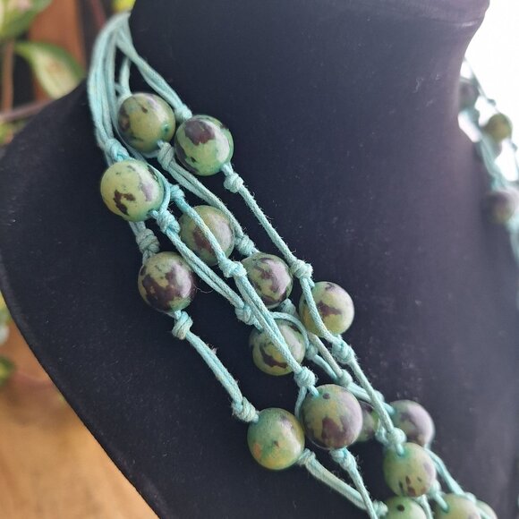 Handcrafted Multi Strand Necklace Green Beads‎ Blue Cord - Picture 2 of 6
